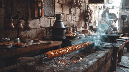 An overhead view displays food being grilled over open flames. The scene features a long skewer of food cooking. The environment shows a rustic setting with stone walls and wooden tables. The overall lighting suggests a warm ambiance. Suitable for editorial and commercial applications related to food and cooking.の素材