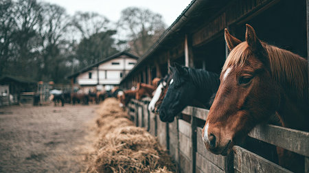 Several horses are seen at a stable, observing their surroundings. The image presents a rural scene with wooden structures and hay. The lighting appears diffused, with muted colors and a focus on the equine subjects. This photo could be useful for illustrating articles related to animals, countryside, or rural themes.の素材