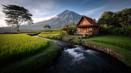 A picturesque landscape showcases a wooden cabin nestled near a flowing river. Vibrant green fields surround the dwelling, set against a backdrop of a majestic mountain. The scene is illuminated by daylight, creating a peaceful and serene environment suitable for various commercial projects.の素材