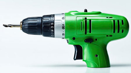A green cordless power drill is positioned against a clean white backdrop. The tool is shown in sharp detail, featuring a metallic drill bit and a black trigger. The bright color and direct lighting highlight the tool's form. This image could be used in advertising, illustrating concepts of construction, repair, or DIY projects.の素材