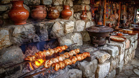 Grilled meat skewers sizzle over glowing embers in this outdoor scene. The composition features rough stone textures, warm earthy tones, and soft lighting. Various clay pots and decorative elements add visual interest. Suitable for culinary, travel, or lifestyle content.の素材