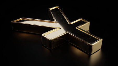 A golden cross rests against a dark backdrop, creating a contrast of light and shadow. The cross has a metallic, reflective surface and exhibits sharp, clean edges. The composition emphasizes the object's form. Suitable for spiritual and religious themes, this image could be used for various editorial and design projects.の素材