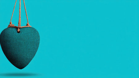 A teal heart, suspended by twine, takes center stage against a vibrant turquoise backdrop. The heart's textured surface contrasts with the smooth background. The composition uses overhead lighting and copy space to the right, suitable for various design and advertising needs. This image is ideal for use in commercial projects.の素材