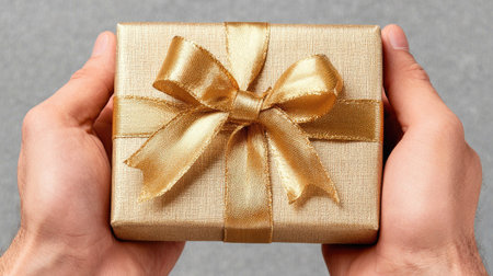 A person's hands carefully hold a gold gift box with a matching silk ribbon bow. The warm lighting highlights the textures and details of the present against a neutral background. This image is suitable for various commercial uses, including advertising and promotional materials.の素材