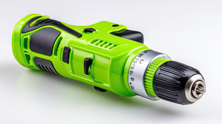 A vibrant green and black cordless power drill is presented against a plain white background. The tool features metallic accents and a black drill bit. The image showcases the drill's form and design with bright lighting. Suitable for illustrating home improvement, construction or DIY-related content.の素材
