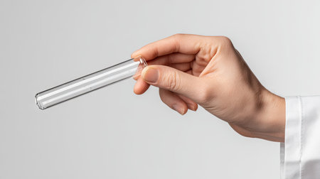 A hand, viewed from the side, delicately holds a transparent test tube against a neutral background. The lighting is bright and even, highlighting the clean lines of the laboratory equipment. This image conveys concepts of science, research, and experimentation, lending itself to a variety of commercial and editorial applications.の素材