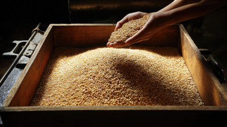 A close-up view presents hands delicately holding grains above a wooden container filled with similar grains. Warm hues and soft lighting create a textural contrast, suggesting a harvest or storage environment. This image is suitable for illustrating themes related to agriculture, food production, and raw materials.の素材