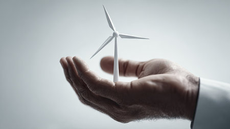 A wind turbine model is held in a human hand against a light background. The image showcases the model with neutral tones and a soft lighting, and it can be used to represent concepts such as renewable energy, environmental consciousness, and sustainable solutions. Ideal for illustrations or commercial projects.の素材