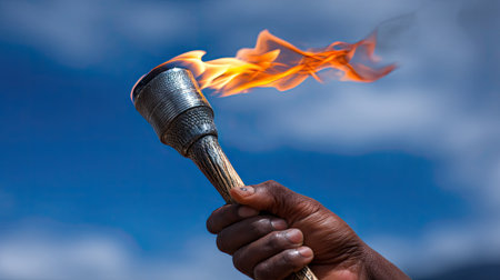 A dark-skinned hand firmly grasps a torch emitting vibrant flames. The composition is set against a bright, cloud-speckled blue sky. The image features strong contrast and dynamic lighting. Suitable for illustrations and editorial content, the image could represent concepts of energy, tradition, or inspiration.の素材