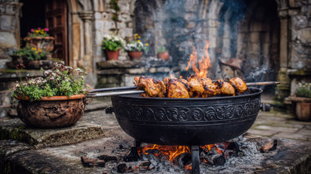 Grilled chicken pieces on a metal skewer are cooked over an open fire pit. The composition shows the fire with smoke rising, set within a stone-walled area, with flower pots. Suitable for culinary, food-related publications and content, the image could also be used to evoke a sense of warmth and enjoyment.の素材