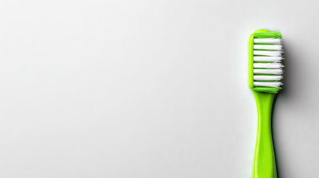 A vibrant green toothbrush rests against a pristine white background. The close-up view highlights the toothbrush's design and texture, with a focus on its bristles. The composition utilizes simple lighting, creating a clean and modern aesthetic. Suitable for various healthcare, dental, or hygiene-related commercial projects.の素材