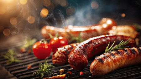 Close-up image captures grilled sausages alongside ripe tomatoes and sprigs of herbs. The composition features a shallow depth of field, with soft lighting and wisps of smoke adding texture. The vibrant colors and appetizing presentation suggest this image is suitable for culinary, food, and recipe related publications or commercial use.の素材