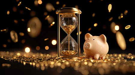 An image featuring an hourglass, a piggy bank, and numerous gold coins. The composition utilizes a shallow depth of field, focusing on the central elements. The warm golden tones contrast against a dark background, suggesting a theme of wealth accumulation. Suitable for financial concepts.の素材