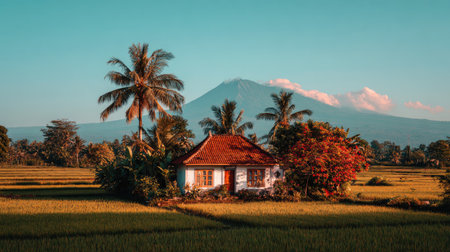 A quaint house with a red roof sits amidst a verdant landscape under a bright blue sky. Palm trees and other foliage surround the structure with a majestic mountain in the background. The scene suggests a warm climate with good lighting, perfect for various commercial projects and editorial needs.の素材