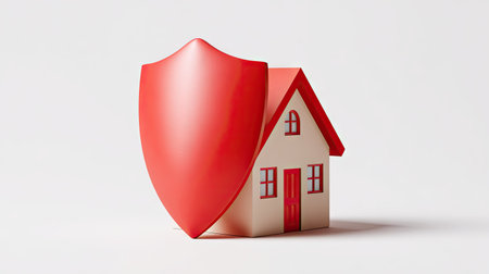 A miniature house is partially obscured by a large red shield, set against a plain background. The composition features clean lines and a simple color palette of red and beige. The lighting is soft and even, highlighting the geometric forms. This image could be utilized for topics related to home protection, insurance, or property investment.の素材