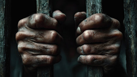 Close-up shows hands gripping prison bars, conveying imprisonment and limitation. The image features a dark, textured aesthetic with a focus on rough skin and metal. The composition suggests a feeling of constraint within a shadowy environment, potentially suitable for editorial content or commercial uses.の素材