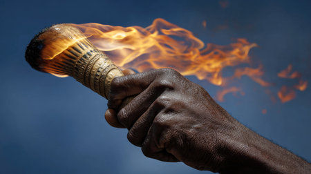 A close-up view depicts a hand firmly grasping a flaming torch against a blurred blue background. The textures include rough wood and bright flames, with dynamic movement. The lighting is strong, highlighting the textures of both the hand and the fire. This image could be used for various editorial and conceptual projects.の素材