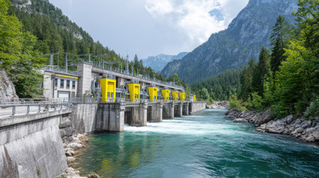 An image showcases a hydroelectric dam infrastructure set against a mountainous backdrop. The composition features clear water flowing through the dam structure. The scene is dominated by shades of green and grey, suggesting a natural environment. Suitable for illustrations related to renewable energy and sustainable resources.の素材