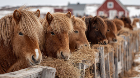 A herd of horses are seen together, feeding on hay. The animals display varying shades of brown. The composition features a row of animals and hay in the foreground with farm buildings and snow in the background. It is shot in natural lighting. Potential uses include editorial and commercial projects.の素材