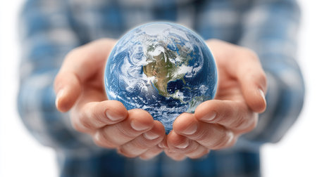 A pair of hands gently cradles a miniature Earth globe against a plain white background. The globe displays a realistic depiction of continents and oceans. The image utilizes soft lighting, creating a clean visual appeal appropriate for diverse commercial applications. It emphasizes concepts such as environmentalism and global connectivity.の素材
