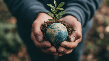 Two hands cradle a miniature globe, with soil and a small plant sprouting from it. The image showcases natural tones, soft focus, and shallow depth of field. This composition likely symbolizes environmentalism or sustainability, suitable for various editorial and commercial applications.の素材