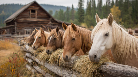 A group of horses are seen grazing behind a rustic wooden fence. The image showcases the horses' heads with their light and dark brown coats. In the background, a wooden barn and a forest create a natural, daytime setting. The scene is suitable for various commercial uses, including illustrations of rural life.の素材