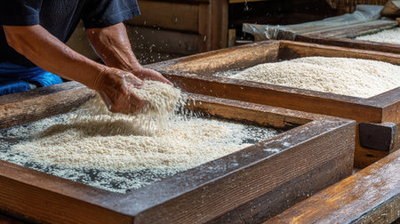 A close-up captures hands manipulating rice within wooden containers. The scene displays warm colors, possibly indoors, with focused lighting. This could be useful for culinary, instructional, or commercial projects highlighting food preparation and textures. The composition offers copy space and a sense of craftsmanship.の素材