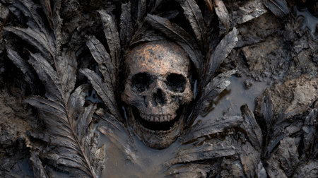 A close-up reveals a human skull partially submerged in dark mud, surrounded by dark-colored, plant-like shapes. The composition features a somber color palette and moody lighting. This image could be used for various editorial, artistic, or conceptual projects. The textures and details add a dramatic effect.の素材