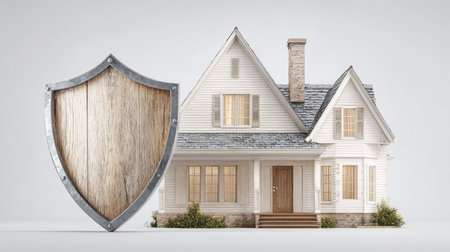 A wooden shield stands next to a white house with a chimney and gabled roof against a light backdrop. The image utilizes soft lighting, creating a calm atmosphere. This visual could be used to represent concepts like security, safety, and protection for various commercial applications.の素材
