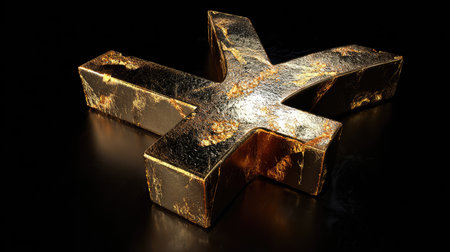 A golden cross sculpture stands prominently against a dark background. The cross displays a textured, metallic appearance, possibly suggesting an aged or weathered quality. The lighting highlights the surface, creating shadows. This image could be suitable for visual representations of faith, spirituality, and religious themes in diverse media.の素材