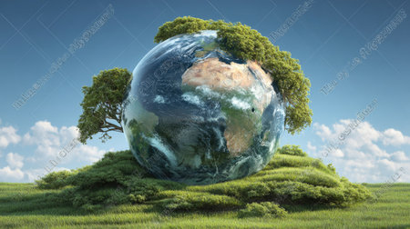 A vibrant image presents the Earth globe surrounded by lush green grass and topped with a thriving tree. The composition uses bright colors and a clear sky to create an optimistic mood. This visual could be utilized for various commercial projects related to environmental conservation, sustainable development, and global issues.の素材