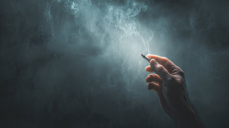 A hand delicately holds a smoking object, emanating wisps of vapor against a dark, moody backdrop. The image showcases subtle shades of gray and blue with an atmospheric lighting, creating a sense of mystery. Suitable for various applications, including editorial and creative projects that need a thought-provoking image.の素材