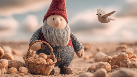 A whimsical illustration features a gnome carrying a basket. The gnome is positioned among rocks under a partly cloudy sky. Soft lighting enhances the illustration's textures and colors. This image is suitable for various commercial applications, including editorial and promotional content.の素材