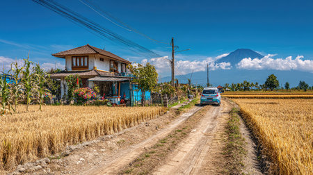 A vehicle travels on a dirt road passing by a house with a golden field and mountain range under a clear blue sky. The composition features vibrant colors, contrasting textures, and natural lighting. This image could be suitable for various commercial uses, illustrating concepts of travel, housing, or rural living.の素材