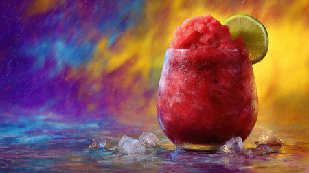 A close-up showcases a bright red frozen beverage in a clear glass, garnished with a lime slice. The drink rests on ice cubes against a vivid, multi-colored background. This visually appealing image could be used for promoting food, drinks, or as a design element.の素材