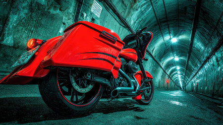 A close-up perspective showcases a striking red motorcycle within a long, illuminated tunnel. The image presents a play of light and shadow, highlighting the motorcycle's details and the textured tunnel walls. It can be used for advertising automotive industry, or for illustrating concepts of speed, design, and travel.の素材