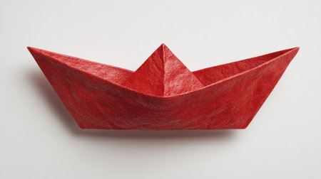 A single red paper boat is centered against a clean white backdrop. The image features a bright, saturated color with precise folds and sharp angles. This studio shot showcases strong overhead lighting, emphasizing the boat's geometric form and texture, suitable for various design applications and commercial projects.の素材
