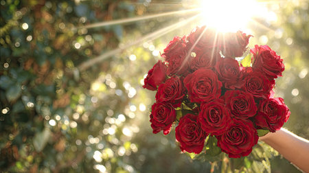 A hand presents a bouquet of deep red roses, the blooms catching the sunlight. The composition focuses on the flowers against a blurred background of green foliage. The scene features a natural, soft lighting, suitable for a variety of editorial or commercial projects.の素材