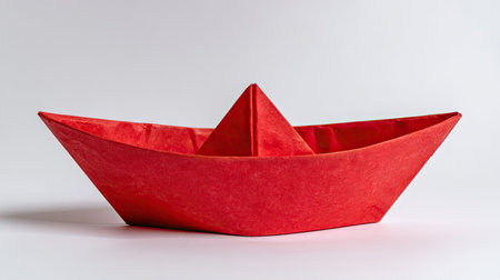 A bright red paper boat is centered against a clean white backdrop. The origami craft presents geometric folds, exhibiting a textured appearance. The image demonstrates a minimalist style with even lighting, suggesting a studio setting. This versatile visual could be utilized for various commercial projects or editorial content.の素材