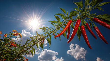 Bright red chili peppers hang from a green plant under a clear, blue sky illuminated by direct sunlight. The composition features a low-angle shot, highlighting the peppers against a backdrop of clouds and the sun's radiant glare. This image could be suitable for use in food-related publications or general editorial content.の素材