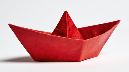 A striking red paper boat is featured against a clean white backdrop. The composition highlights the geometric shapes and sharp angles of the folded paper, creating a visually appealing contrast. The lighting emphasizes the textures and shadows. Suitable for various creative and conceptual projects, this image offers versatile applications.の素材