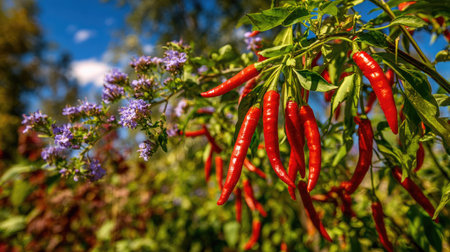 Bright red chili peppers hang from a leafy branch in a natural outdoor setting. The image showcases a close-up view with vibrant colors, including green leaves and purple flowers in soft focus. This image could be used for culinary, agricultural, or editorial purposes.の素材