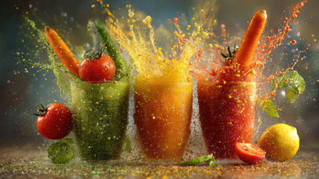 Three glasses burst with colorful vegetable juices and accompanying ingredients. Tomatoes, carrots, and green peppers create vivid color splashes. The composition displays dynamic movement against a neutral backdrop, lit with bright overhead lighting. Suitable for advertising healthy eating and nutritional concepts.の素材