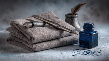 A close-up captures a quill pen and inkwell resting on folded linens. The scene features a stack of textured fabrics, a detailed pen, and a small ink bottle. Soft lighting casts shadows, creating a vintage atmosphere. This image is suitable for various commercial uses, including artistic content and illustrative purposes.の素材