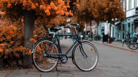 A classic bicycle rests on a brick-paved walkway beneath trees with vibrant orange foliage. The image showcases a slightly blurred background, possibly representing a town square. The lighting appears natural, suggesting an outdoor daytime setting. This photo could be suitable for various commercial or editorial applications.の素材