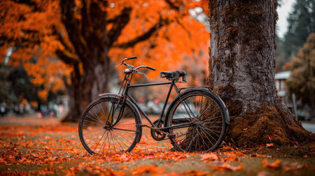 An old bicycle rests next to a large tree. The scene is immersed in the warm colors of autumn, with a ground covered in fallen leaves. The image shows a classic bicycle, emphasizing a sense of nostalgia. The lighting suggests an outdoor setting, potentially usable for editorial or commercial purposes.の素材