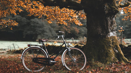 A classic bicycle rests against a large tree with vibrant autumn foliage. The scene features warm tones, soft lighting, and a shallow depth of field. The image suggests a peaceful outdoor environment with potential uses for travel, lifestyle, or environmental themes.の素材
