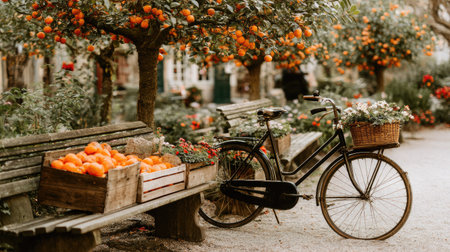 A bicycle stands near a bench holding wooden crates overflowing with oranges. The scene shows a garden setting with trees bearing orange fruit and various flower arrangements in baskets. The color palette includes earth tones with hints of red and green, suggesting a serene outdoor environment, suitable for various editorial and commercial applications.の素材