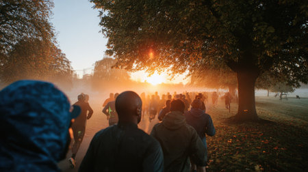 A group of runners is seen training outdoors. The image showcases runners in motion with soft focus, warm colors, and backlighting from the setting sun. The composition includes trees and a grassy area, suggesting a park setting. Suitable for various commercial and editorial applications.の素材