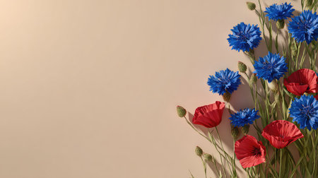 An arrangement of wildflowers, featuring striking blue cornflowers and vibrant red poppies, is set against a neutral backdrop. The composition is lit by natural lighting, highlighting the textures of the petals and leaves. This floral image is suitable for a variety of uses, including editorial and commercial projects.の素材